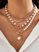 Faux Pearl Decorated Layered Cuban Link Chain Necklace Set, Gifts for Wife, 4pcs Fashion Jewelry for Party, Daily Clothing De...