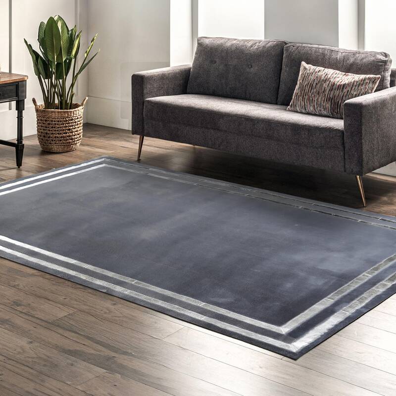Silver Framed Gray Fur Plush Rug