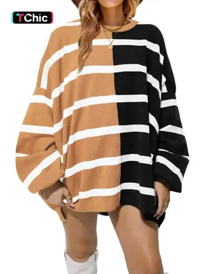 Women's Colorblock Striped Print Drop Shoulder Sweater, Casual Knit Texture Long Sleeve Round Neck Jumper for Spring & Fall, ...
