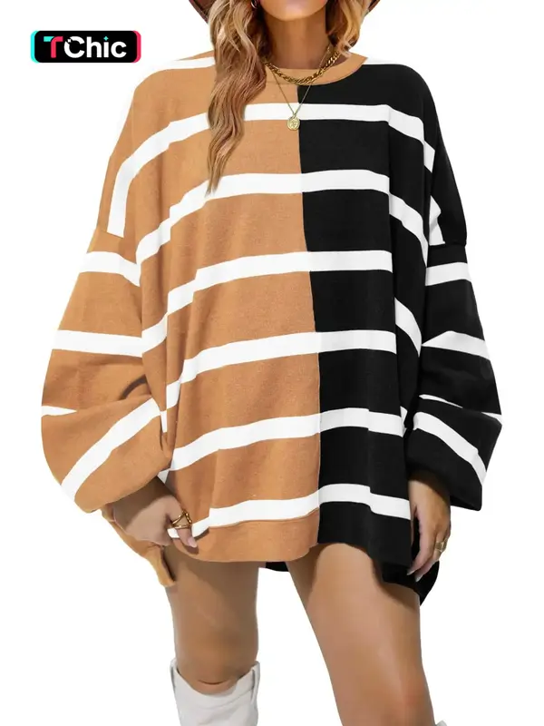 Women's Colorblock Striped Print Drop Shoulder Sweater, Casual Knit Texture Long Sleeve Round Neck Jumper for Spring & Fall, ...