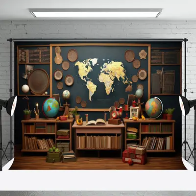 Geography Globe Blackboard Books Retro Wall Backdrop - Aperturee