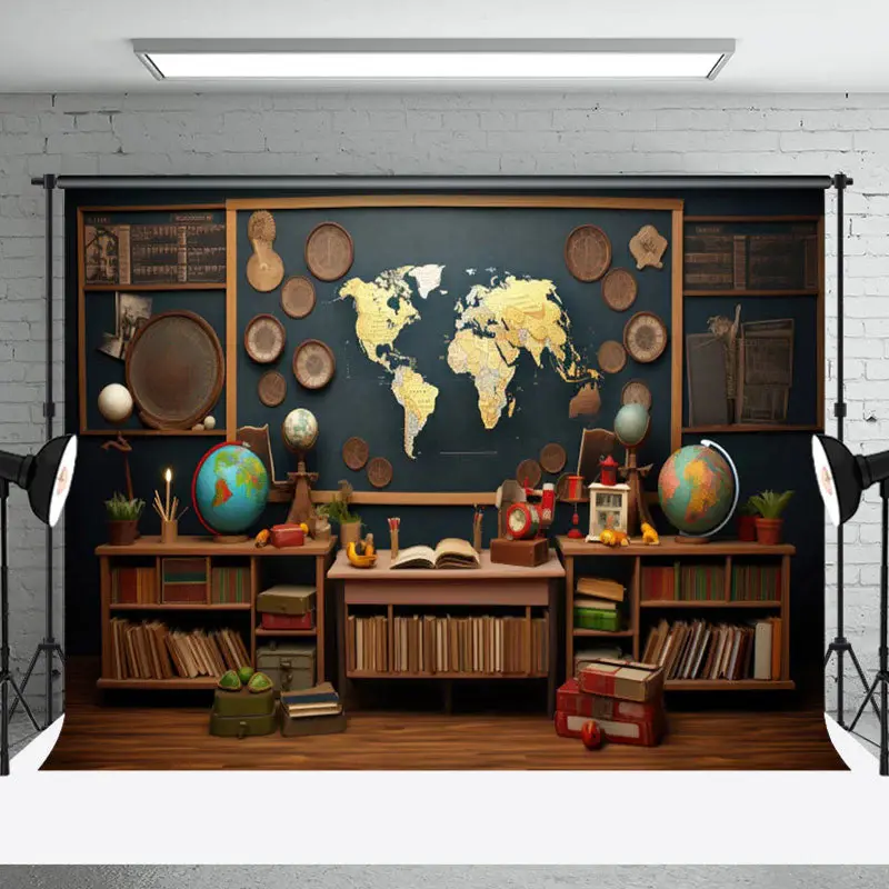 Geography Globe Blackboard Books Retro Wall Backdrop - Aperturee