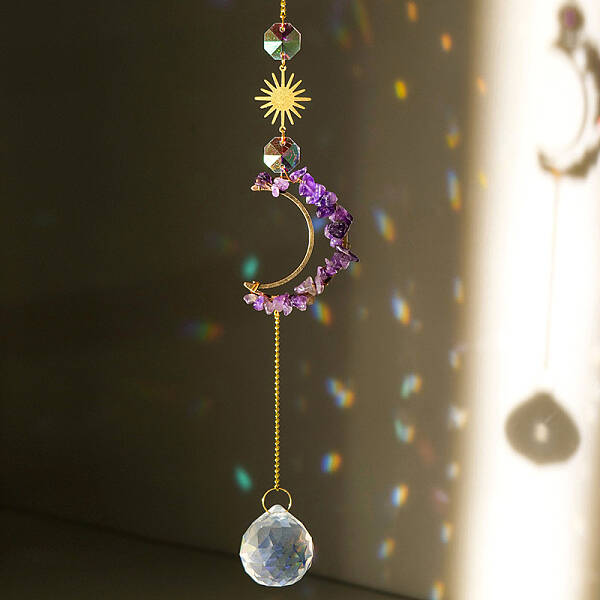 Natural Amethyst Chip Moon Pendant Hanging Ornaments