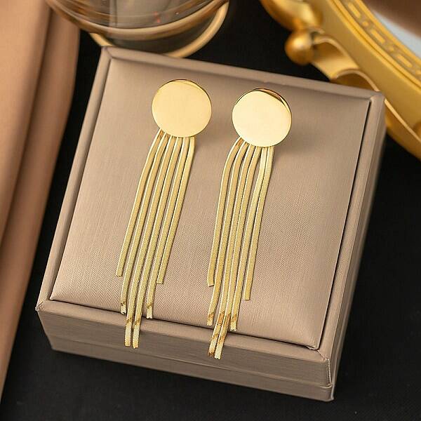 304 Stainless Steel Flat Round Tassel Stud Earrings