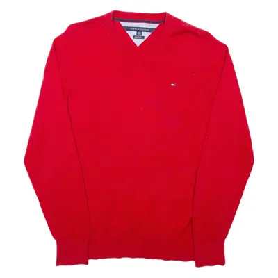 TOMMY HILFIGER Mens Jumper Red V-Neck Tight Knit XL