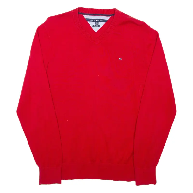 TOMMY HILFIGER Mens Jumper Red V-Neck Tight Knit XL