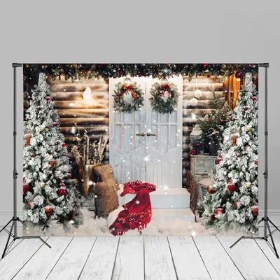 Cabin Door Pine Tree Scarf Cloud Christmas Backdrop - Aperturee