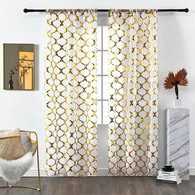 Geometric Pattern Printed Sheer Curtain, 2 Counts Modern Simple Window Curtain, Window Drapes for Home Living Room Bedroom De...