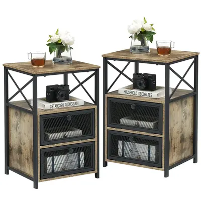 VECELO Set of 2 Nightstand End Table Large with 2 Flip Drawers Bedside Table with Storage Small Side Table 2 Tiers Storage Sh...