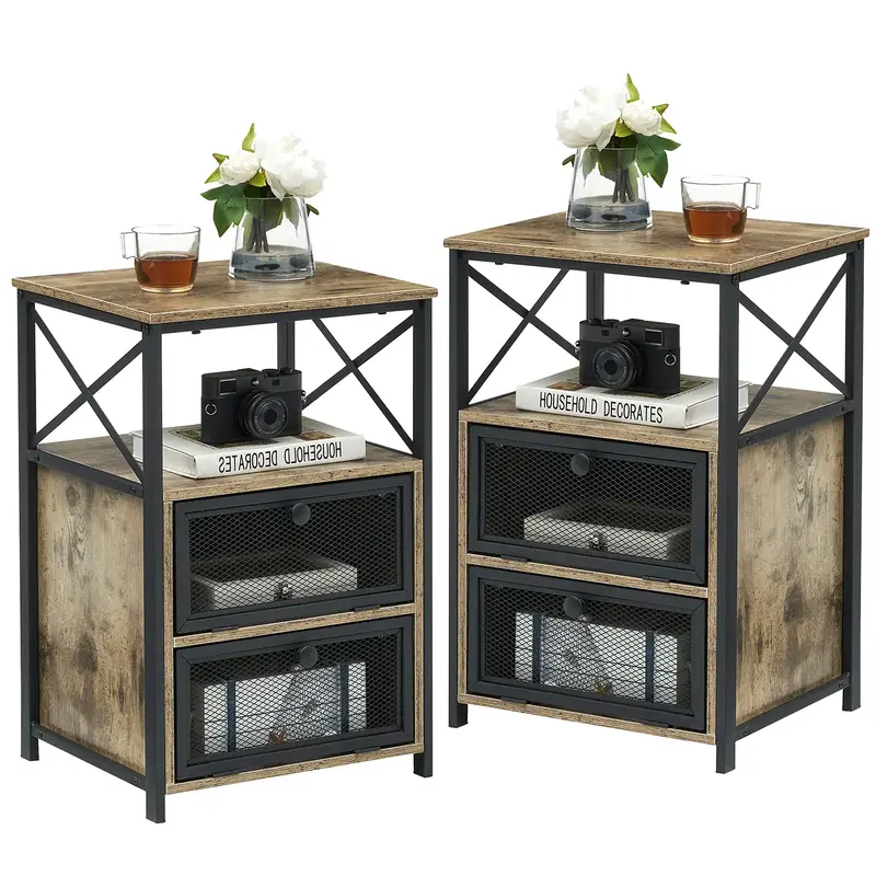 VECELO Set of 2 Nightstand End Table Large with 2 Flip Drawers Bedside Table with Storage Small Side Table 2 Tiers Storage Sh...