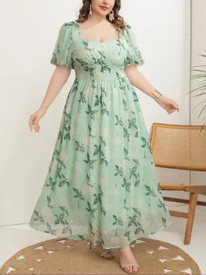 ćPlus Sizeć Plants Print Short Sleeve Dress, Elegant Fashion Dress for Women Daily Wear, Women's Clothing for Summer