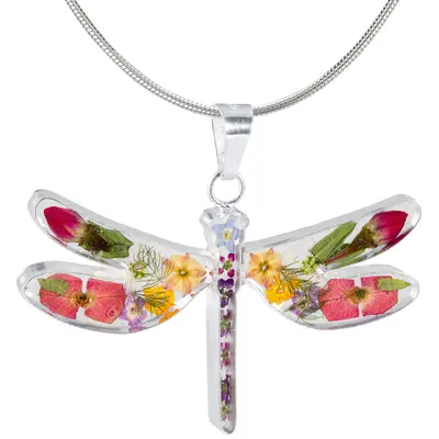 Real Flowers & Sterling Dragonfly Necklace - with Diamond Cut Chain