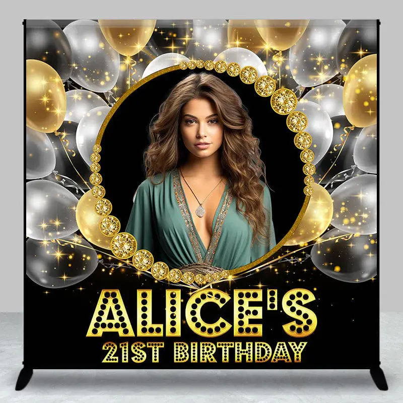 Balloons Black Gold Custom Photo Birthday Backdrop
