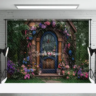 Aperturee Green Garden Floral Retro Stone Cabin Photo Backdrop, 3X2FT(1MX0.6M), 14 USD, spring backdrops, ENHD1J91-M