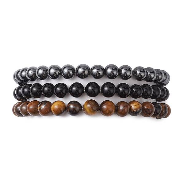 3Pcs 3 Style Natural & Synthetic Mixed Stone Round Beaded Stretch Bracelets