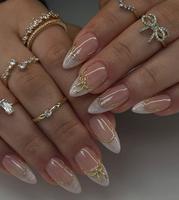 Pearl White French Tips Wedding Nails, Custom Gold Bow Press on Nails, Handmade Press ons, Acrylic Nails, Bridal Nails, Gel N...
