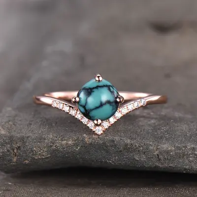 Simple Turquoise Engagement Ring Curved V Dianond  Band