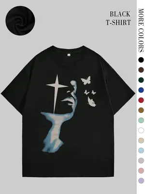 Loose Butterfly Y2k Gothic T-shirt, Shining Fuzzy Portrait Butterfly Pattern Casual Street Campus Style