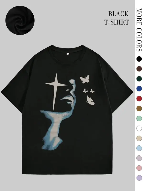 Loose Butterfly Y2k Gothic T-shirt, Shining Fuzzy Portrait Butterfly Pattern Casual Street Campus Style