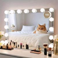 Makeup Mirror with 15Dimmable Bulbs with 10xMagnifier,portable makeup,3Color Lighting Modes,Detachable,To Bluetooth to play m...