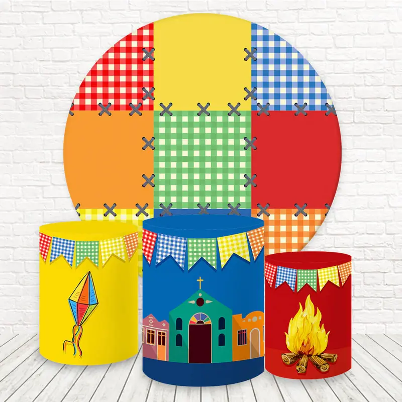 Aperturee Colorful Plaid Fiesta Church Round Birthday Backdrop Kit | Round Backdrop Stand Covers | Round Party Backdrop | Cir...