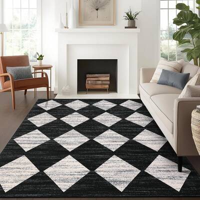 Garvee Plaid Black 9x12 Washable Checkered Area Rug - Non-Slip, Soft Low Pile - Durable Trellis Design, Machine Washable - Li...