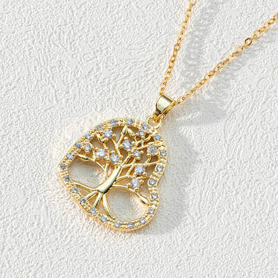 18K Gold Plated Tree of Life Pendant Necklace with CZ Stones Circle Cutout