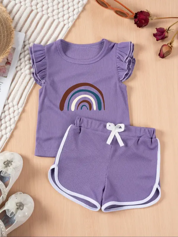 Two-Piece Set Toddler Girl's Rainbow Print Short Sleeve Tee & Bow Decor Shorts, Casual Round Neck T-shirt & Elastic Waist Sho...