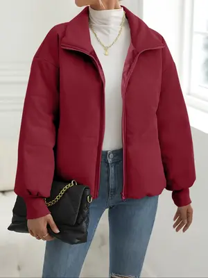 Women's Plain Funnel Neck Zip Up Puffer Coat, Casual Fashion Drop Shoulder Long Sleeve Coat for Daily Outdoor Wear, Women Win...