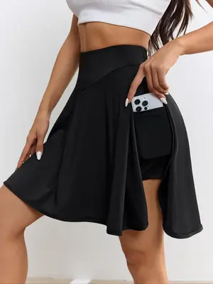 Women's Solid Color Split Thigh Pocket Sports Skort, Casual Sporty High Waist Skort for Running Tennis, Ladies Sportswear for...