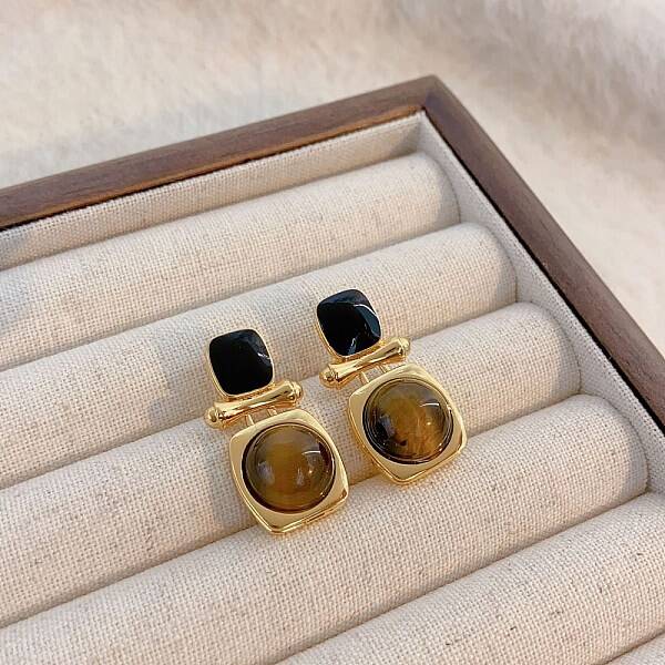 Brass Tiger Eye Stud Earrings