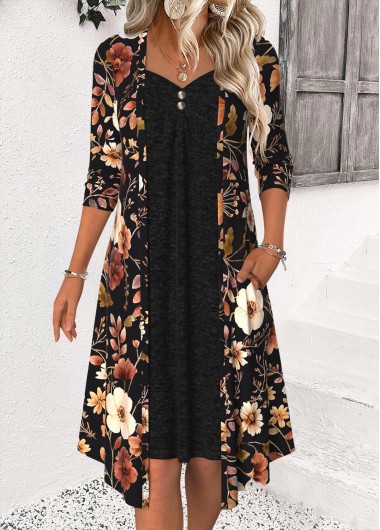 Modlily Black Tummy Coverage Floral Print Long Sleeve Dress - XL