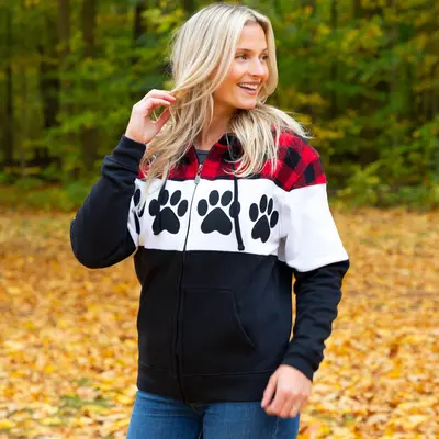 Paw Print Plaid Zip Hoodie - Red - Cat - S