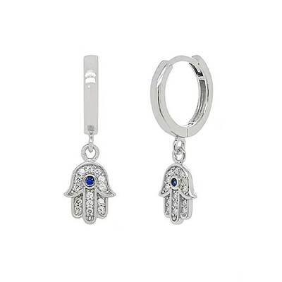 Rhodium Plated 925 Sterling Silver Micro Pave Cubic Zirconia Dangle Hoop Earrings