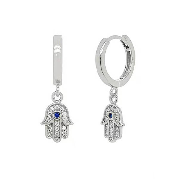 Rhodium Plated 925 Sterling Silver Micro Pave Cubic Zirconia Dangle Hoop Earrings