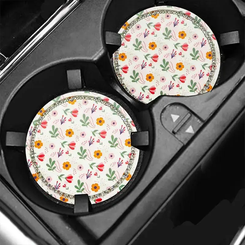 Floral Pattern Car Coaster for Summer, Universal Anti-slip Insulated Car Cup Holder Mat, Car Interior Decorative Accessorie...
