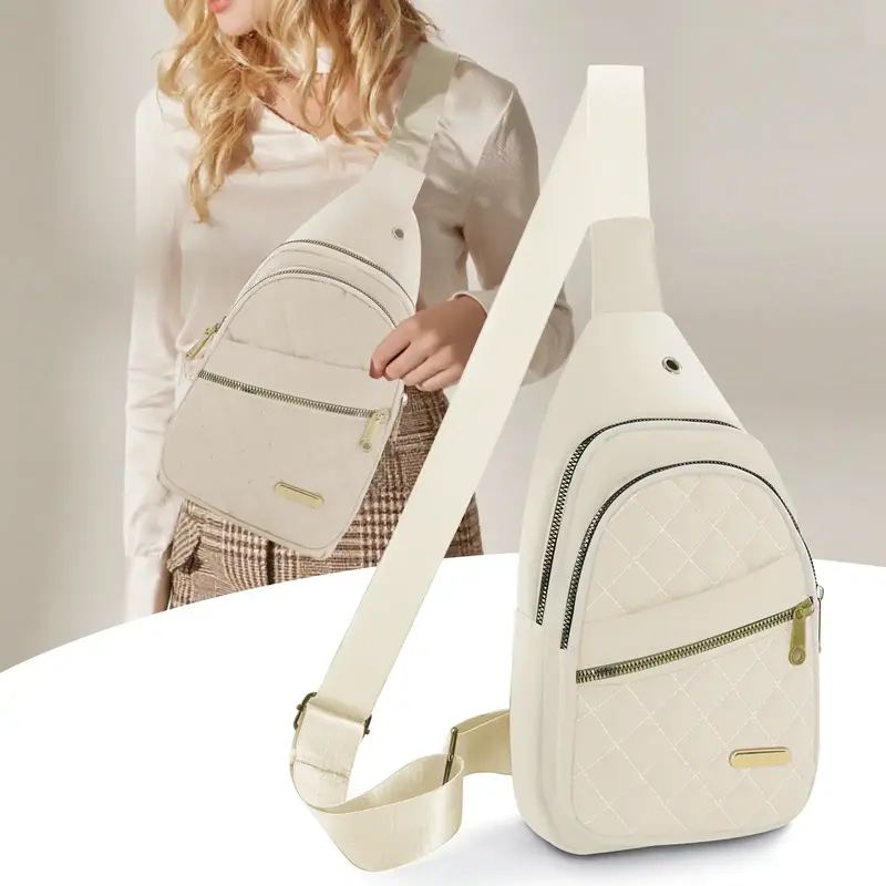 Solid Color Quilted Fanny Pack - Lightweight Waterproof Women's Sling Bag with Adjustable Strap & Multiple Pockets for Daily ...