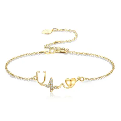 14K Gold Cubic Zirconia Personalized Initial Letter & Stethoscope Bracelet for Women