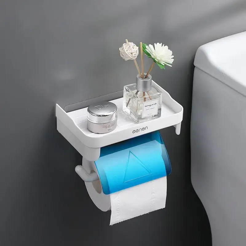 Plastic Toilet Paper Holder, Punch-free Wall Mounted Tissue Stand For Bathroom, Multifunctional Self Adhesive Bathroom Storag...