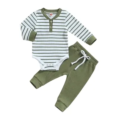 0-24Months Baby Boy 2Pcs Fall Outfits Long Sleeve Striped Print Romper + Pants Set Infant Warm Clothes Cute Casual