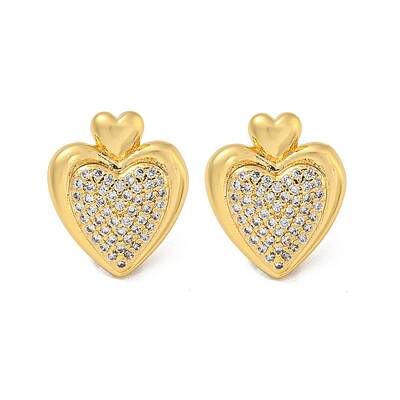 Heart Brass Pave Clear Cubic Zirconia Stud Earrings for Women