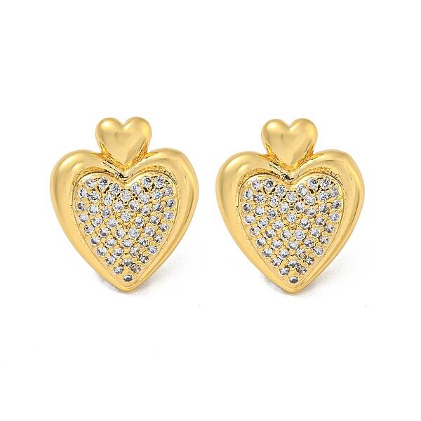 Heart Brass Pave Clear Cubic Zirconia Stud Earrings for Women