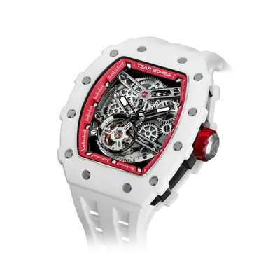 TSAR BOMBA Men's Luxury Ceramic Bezel Skeleton Mechanical Watch | White Red | Elementalal TB8208 | Sapphire Glass 50M Waterpr...