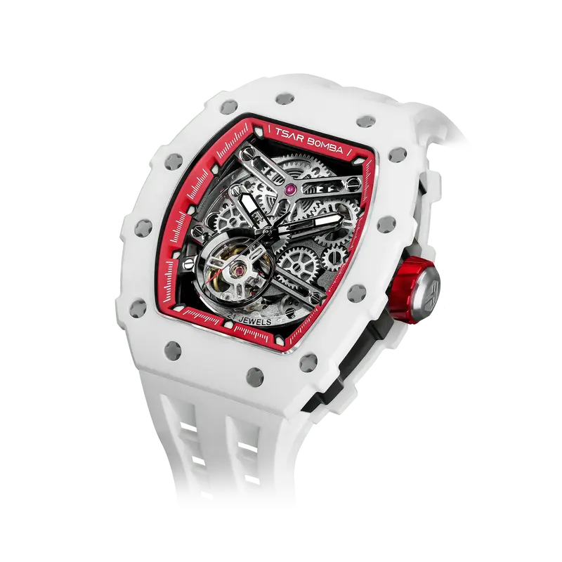TSAR BOMBA Men's Luxury Ceramic Bezel Skeleton Mechanical Watch | White Red | Elementalal TB8208 | Sapphire Glass 50M Waterpr...