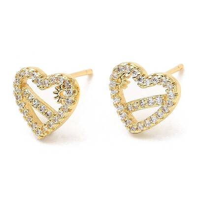 Rack Plating Brass Heart with Flower Stud Earrings with Cubic Zirconia