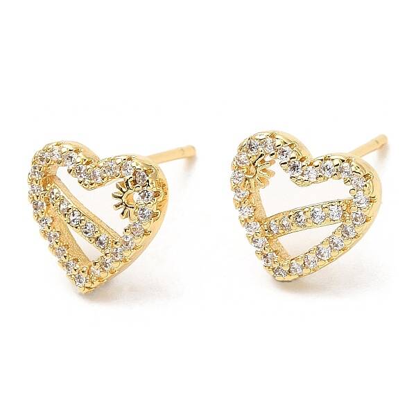 Rack Plating Brass Heart with Flower Stud Earrings with Cubic Zirconia