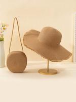 Women's Boho Style Woven Straw Hat & Bag Set, Wide Brimmed Hat with Sun Protection Design, Retro Fashionable Elegant Sun Hat ...