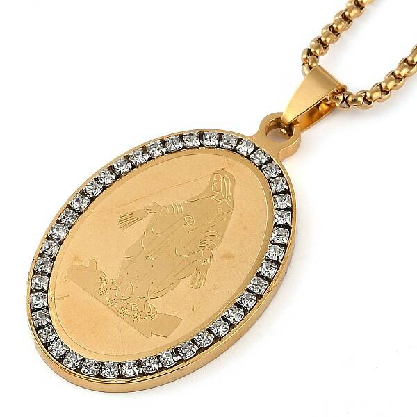 304 Stainless Steel Crystal Rhinestone Religion Virgin Mary Oval Pendant Box Chain Necklaces