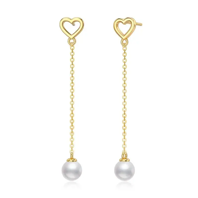 14K Gold Circular Shaped Pearl Heart Drop Earrings