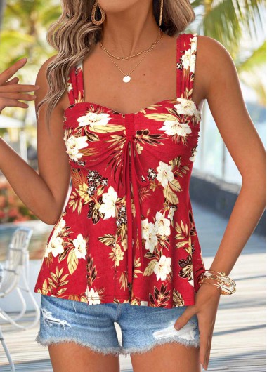 Modlily Red Peplum Floral Print Sleeveless Heart Collar Tank Top - XL